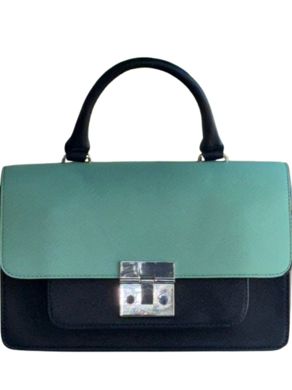Zara Structured Colorblock Saffiano Top Handle Satchel Bag in Mint & Deep Navy